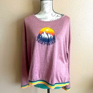 Lucky Brand Mountain Sunset Graphic Soft Knit Pullover Rainbow Band Hem Sweater